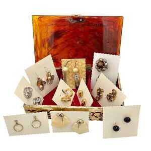 Vintage Ornate Celluloid Jewelry Box Costume Earring Variety Bundle Lot